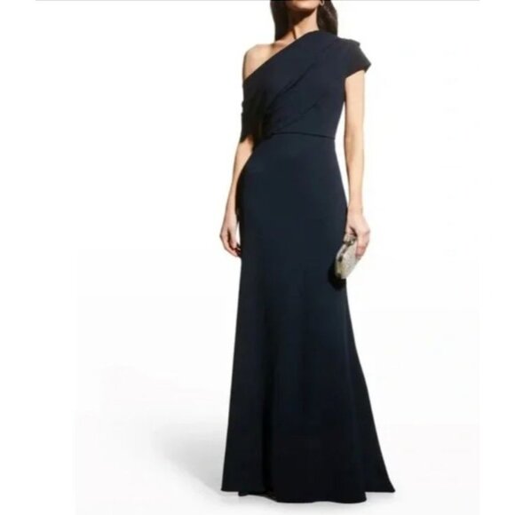 Badgley Mischka Ball Gown Sz 16 Black Draped One Shoulder NEW MSRP $795 Classic